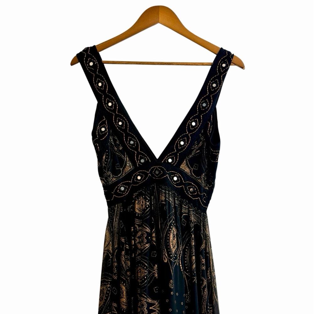 Free People Candela Embellished Mirror Maxi Dress Boho Festival Black Gold Sz 2 - Picture 7 of 11